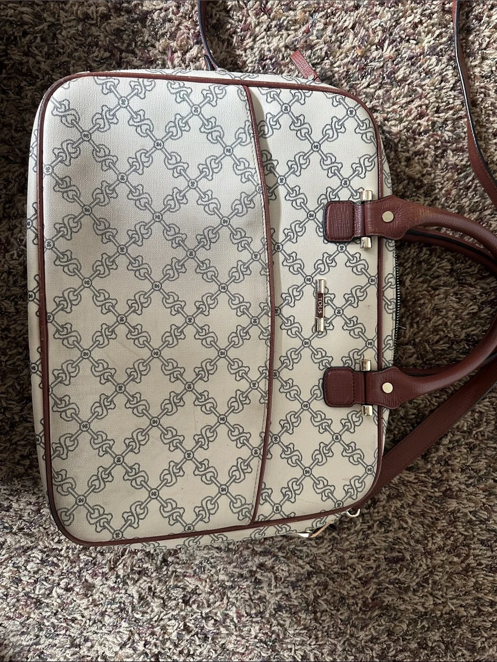 Tous Cream Laptop Bag with Brown Trim and Monogram Pattern